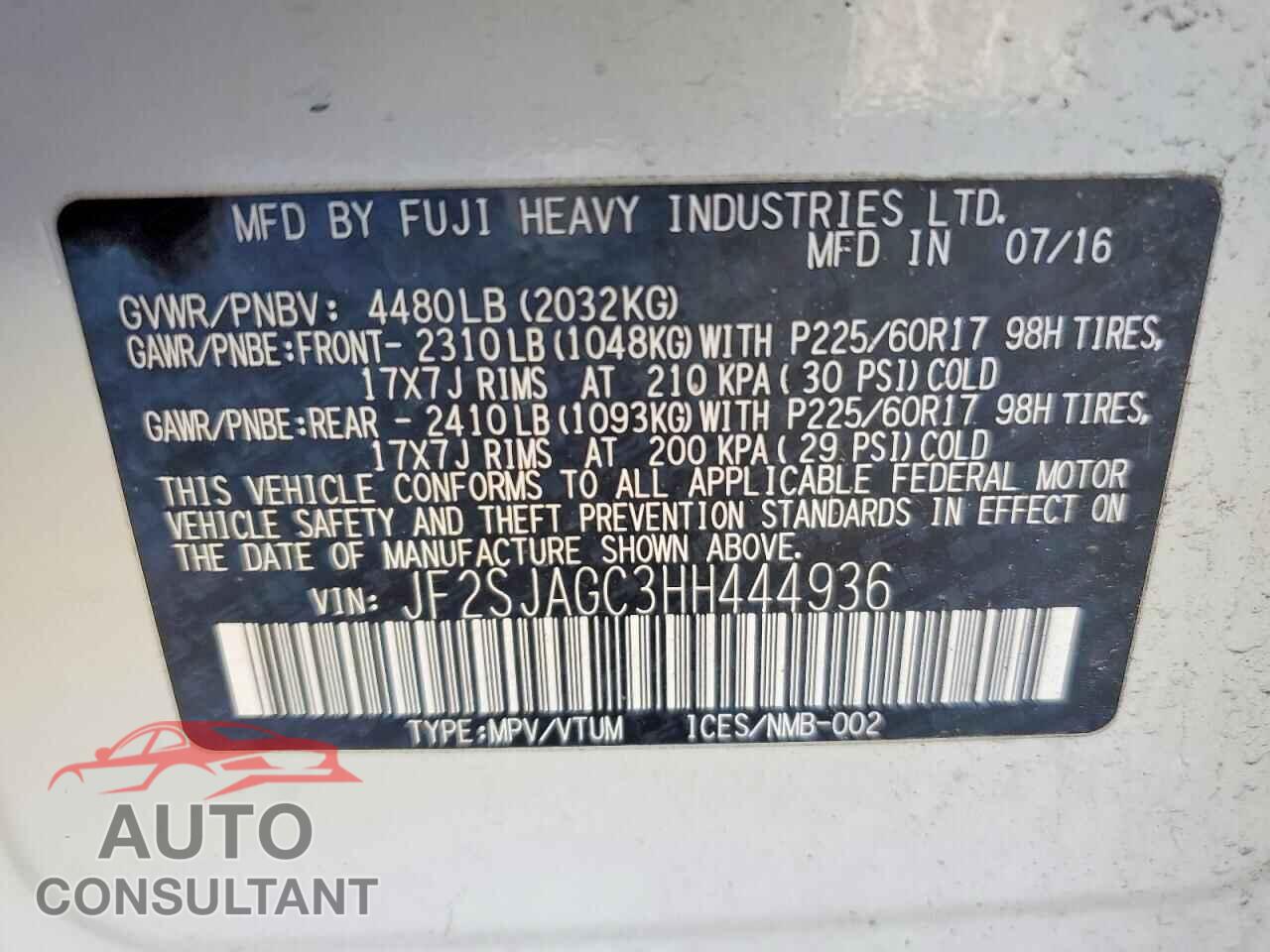 SUBARU FORESTER 2017 - JF2SJAGC3HH444936
