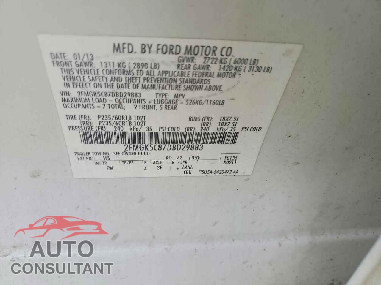 FORD FLEX 2013 - 2FMGK5C87DBD29883