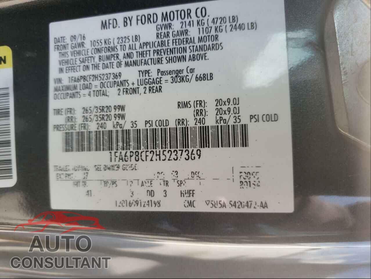 FORD MUSTANG 2017 - 1FA6P8CF2H5237369