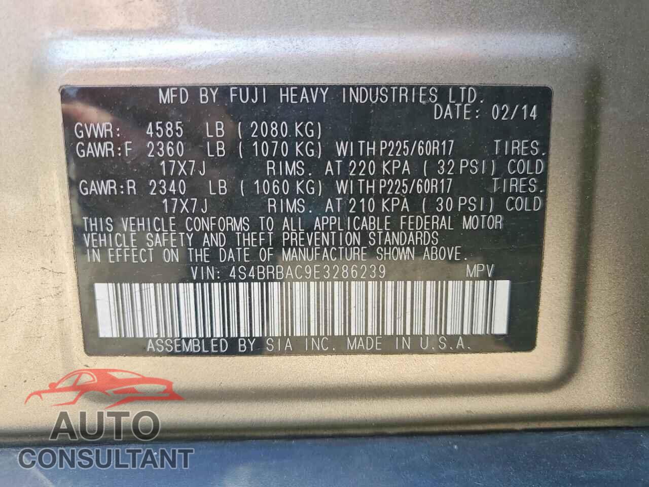SUBARU OUTBACK 2014 - 4S4BRBAC9E3286239