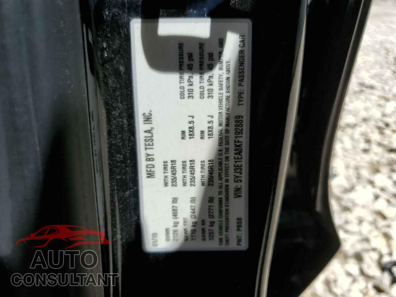 TESLA MODEL 3 2019 - 5YJ3E1EA8KF192889