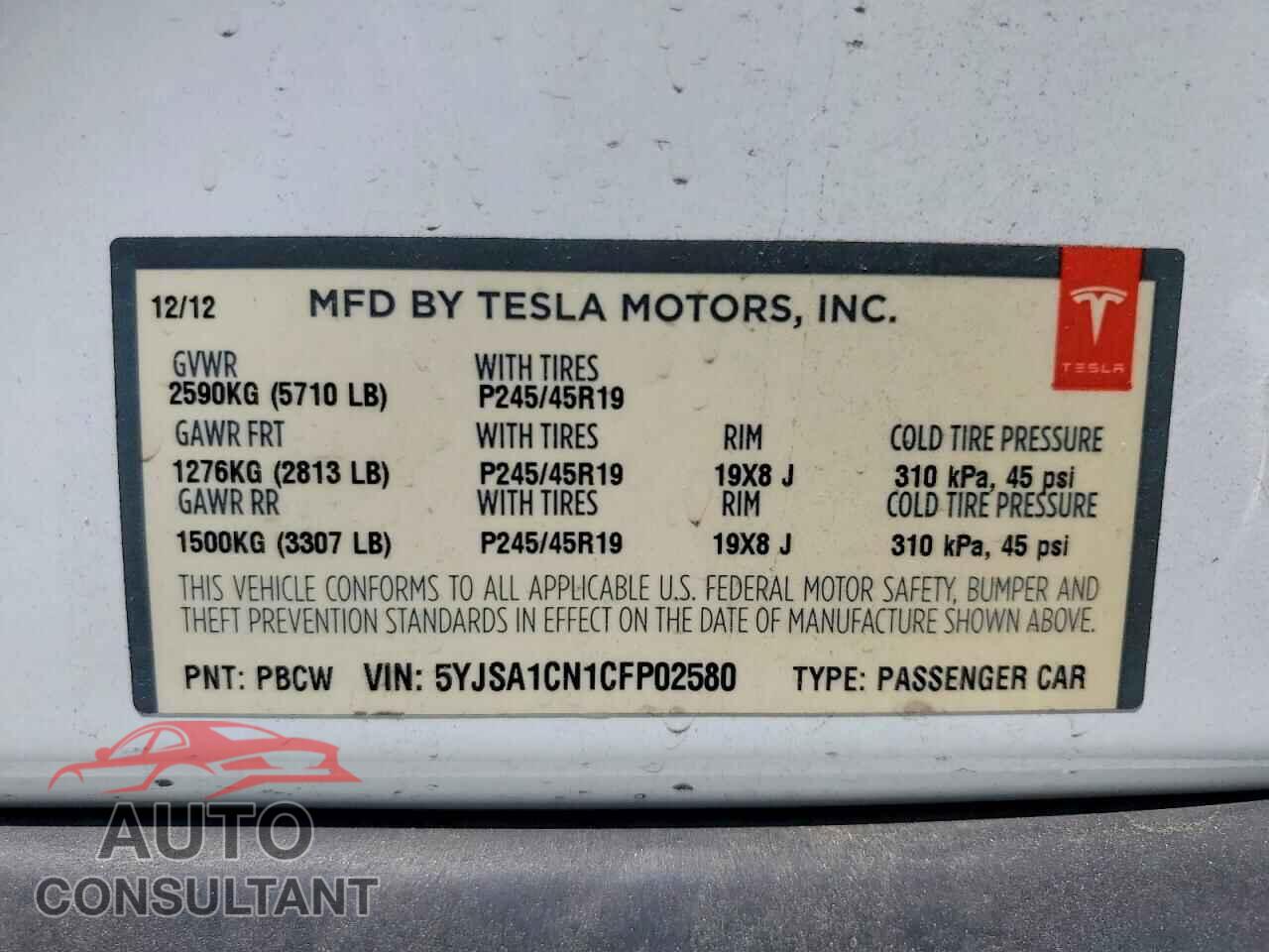 TESLA MODEL S 2012 - 5YJSA1CN1CFP02580