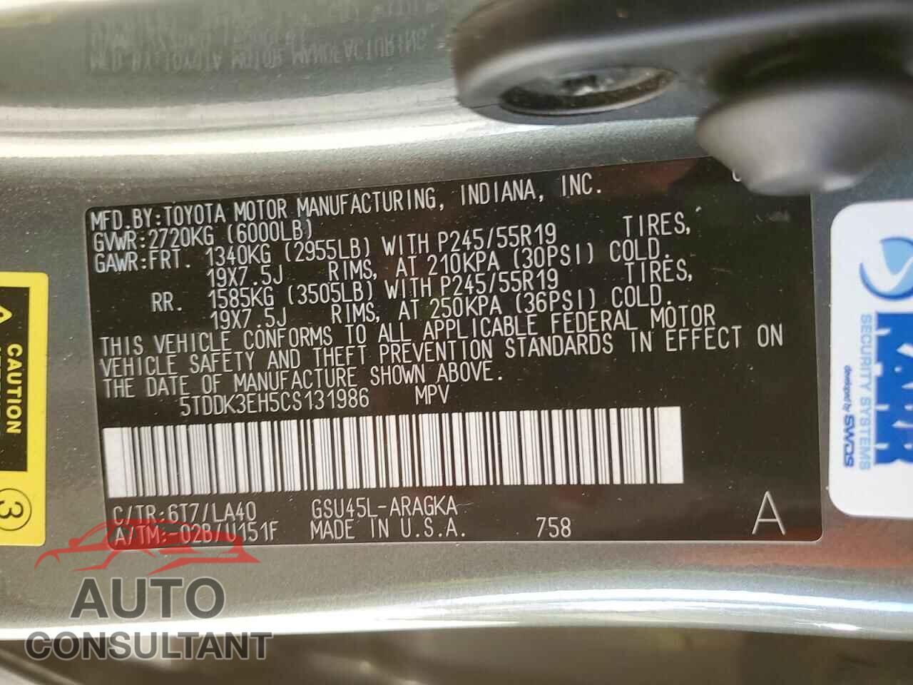 TOYOTA HIGHLANDER 2012 - 5TDDK3EH5CS131986