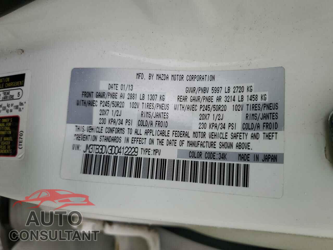MAZDA CX-9 2013 - JM3TB3DV3D0412229