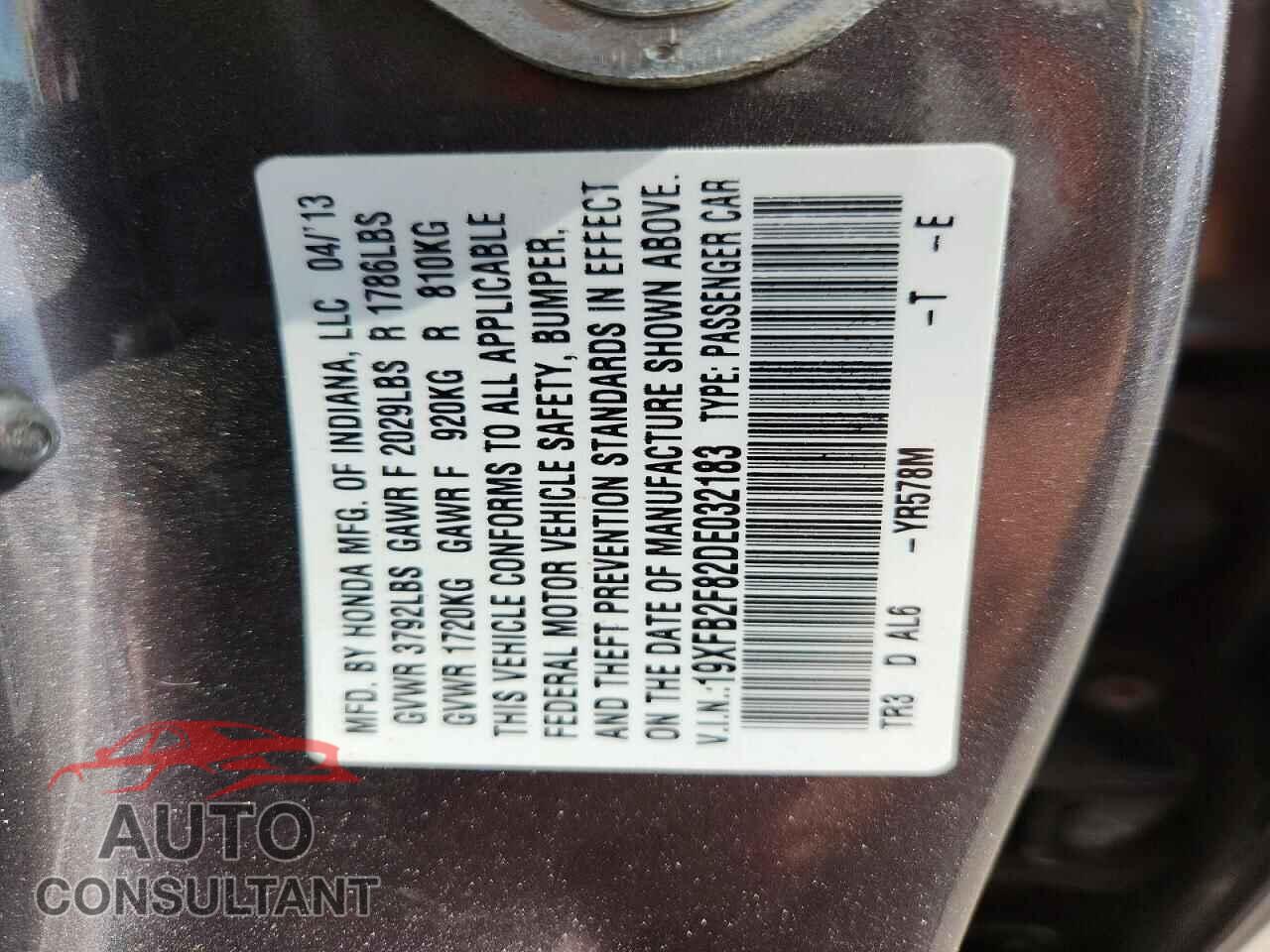 HONDA CIVIC 2013 - 19XFB2F82DE032183