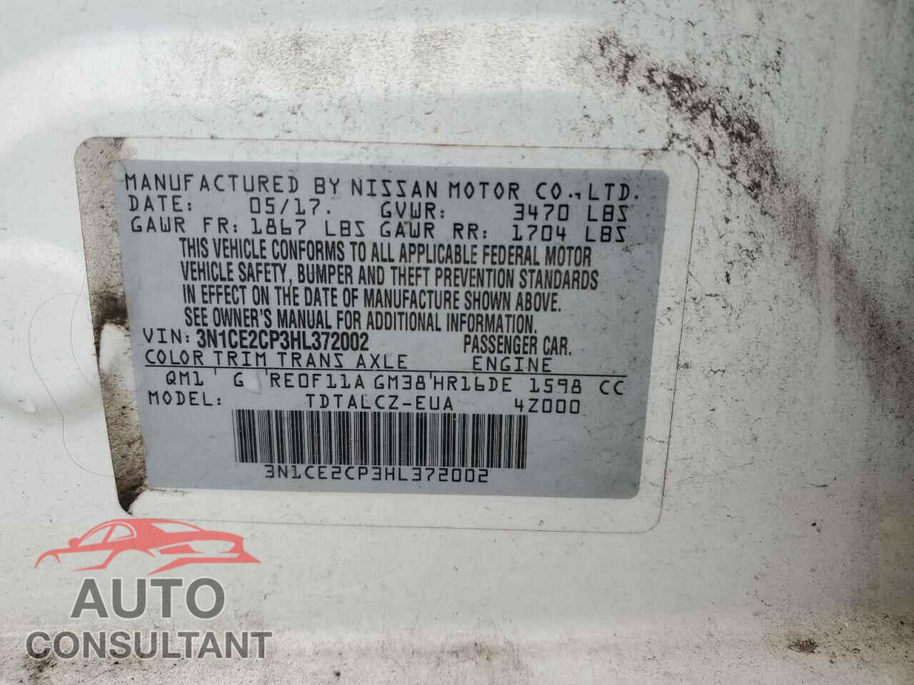 NISSAN VERSA 2017 - 3N1CE2CP3HL372002