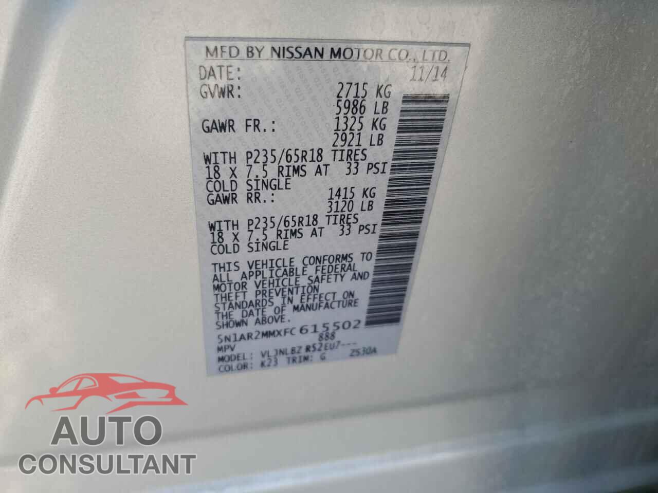 NISSAN PATHFINDER 2015 - 5N1AR2MMXFC615502