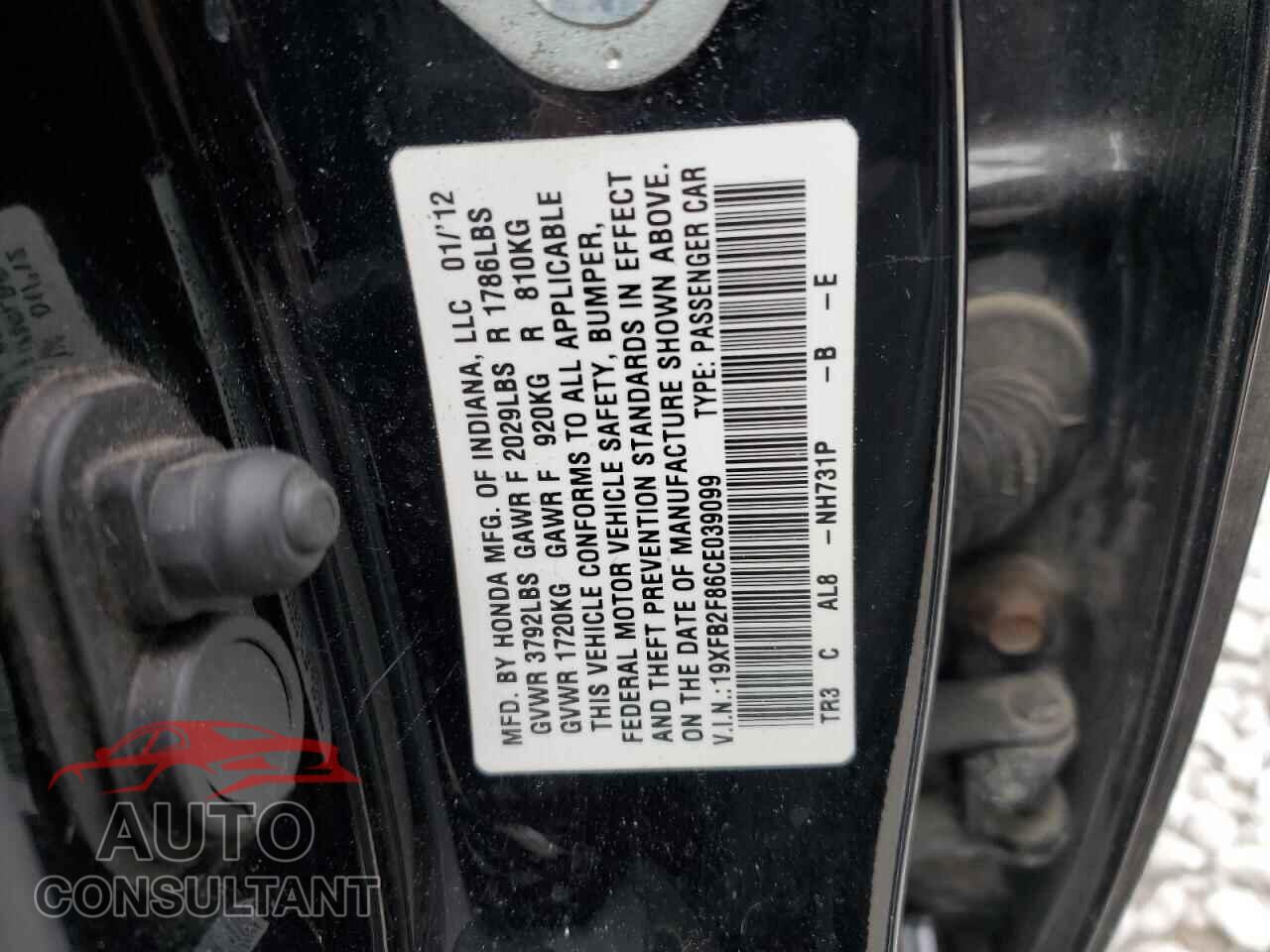 HONDA CIVIC 2012 - 19XFB2F86CE039099