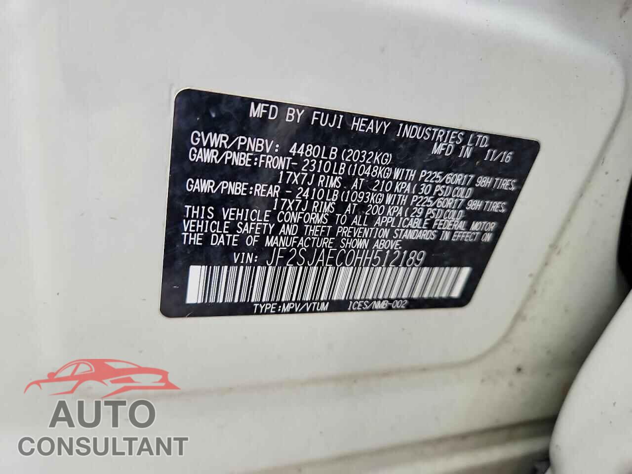 SUBARU FORESTER 2017 - JF2SJAEC0HH512189