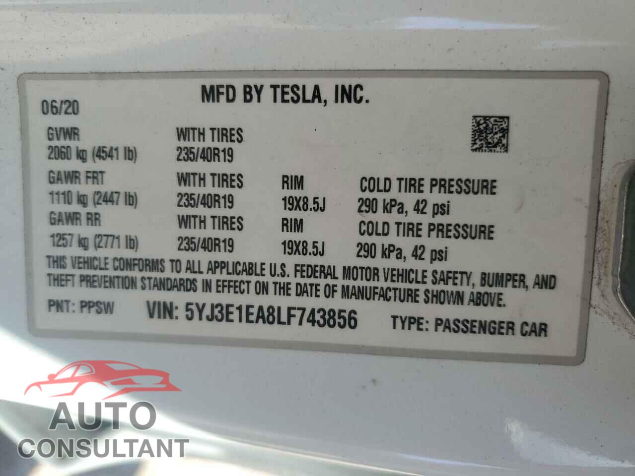 TESLA MODEL 3 2020 - 5YJ3E1EA8LF743856