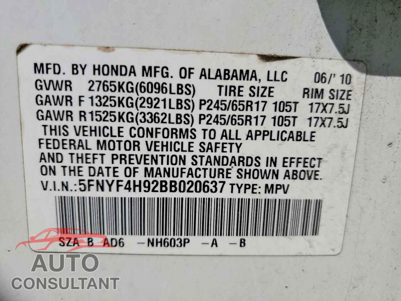 HONDA PILOT 2011 - 5FNYF4H92BB020637