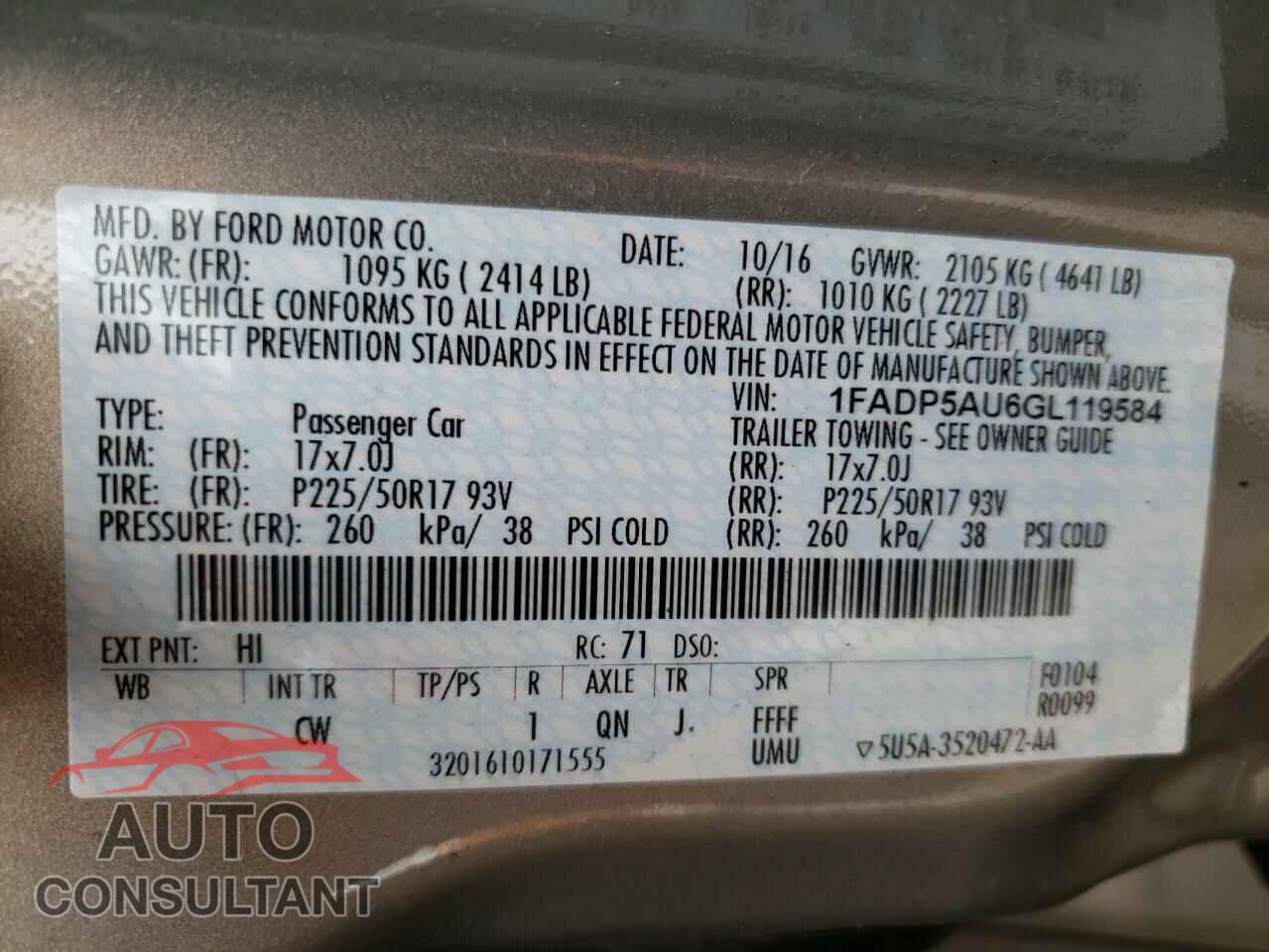 FORD CMAX 2016 - 1FADP5AU6GL119584