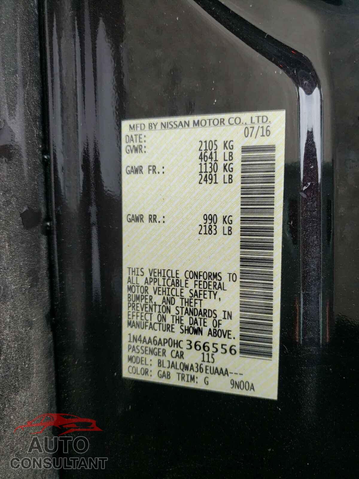 NISSAN MAXIMA 2017 - 1N4AA6AP0HC366556