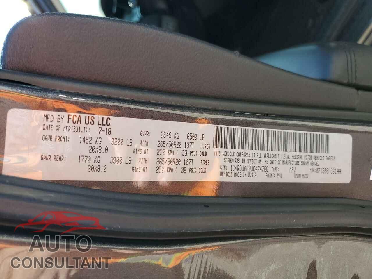 DODGE DURANGO 2018 - 1C4RDJAG2JC474786
