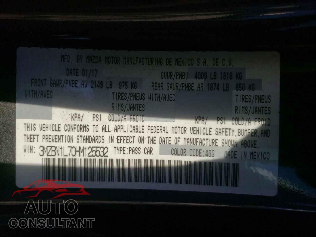 MAZDA 3 2017 - 3MZBN1L70HM125532