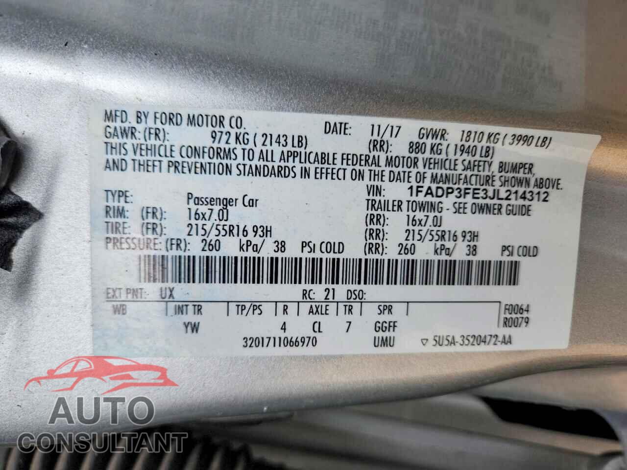 FORD FOCUS 2018 - 1FADP3FE3JL214312