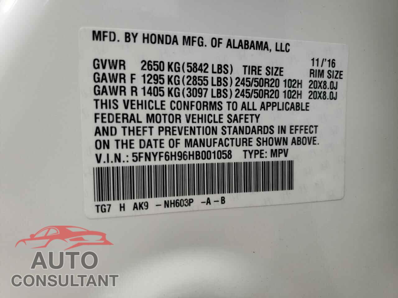 HONDA PILOT 2017 - 5FNYF6H96HB001058
