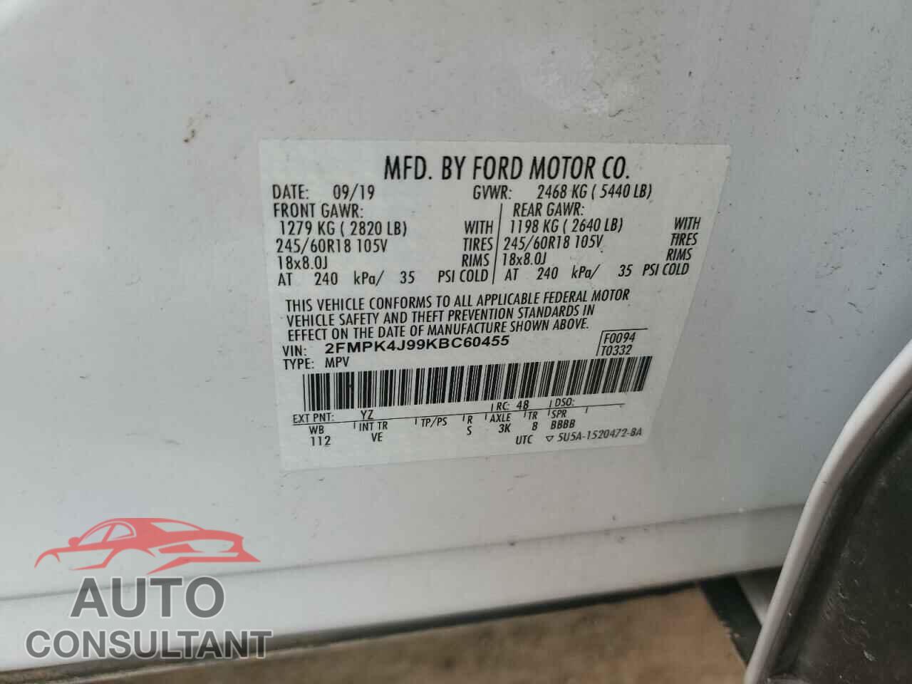 FORD EDGE 2019 - 2FMPK4J99KBC60455