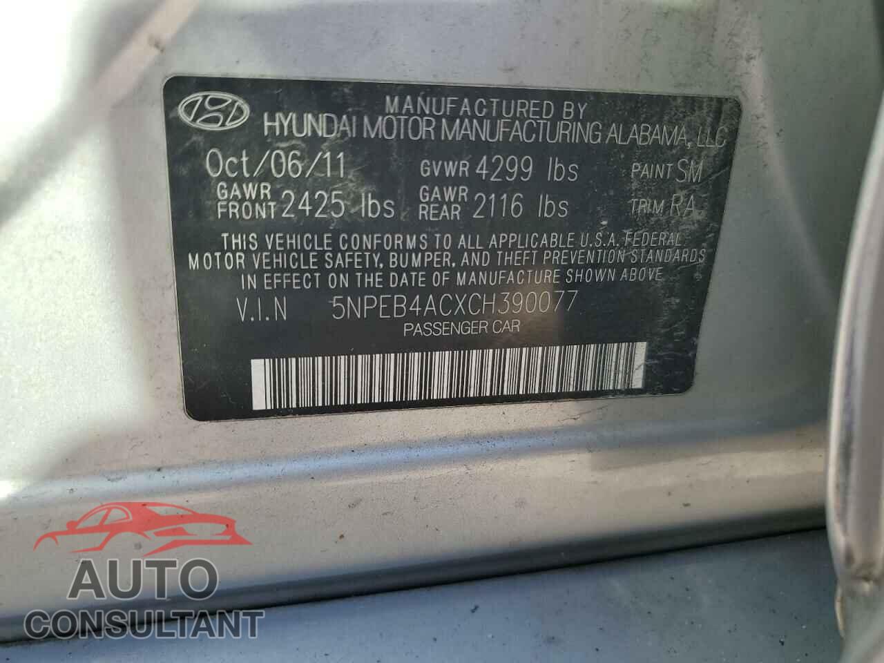 HYUNDAI SONATA 2012 - 5NPEB4ACXCH390077