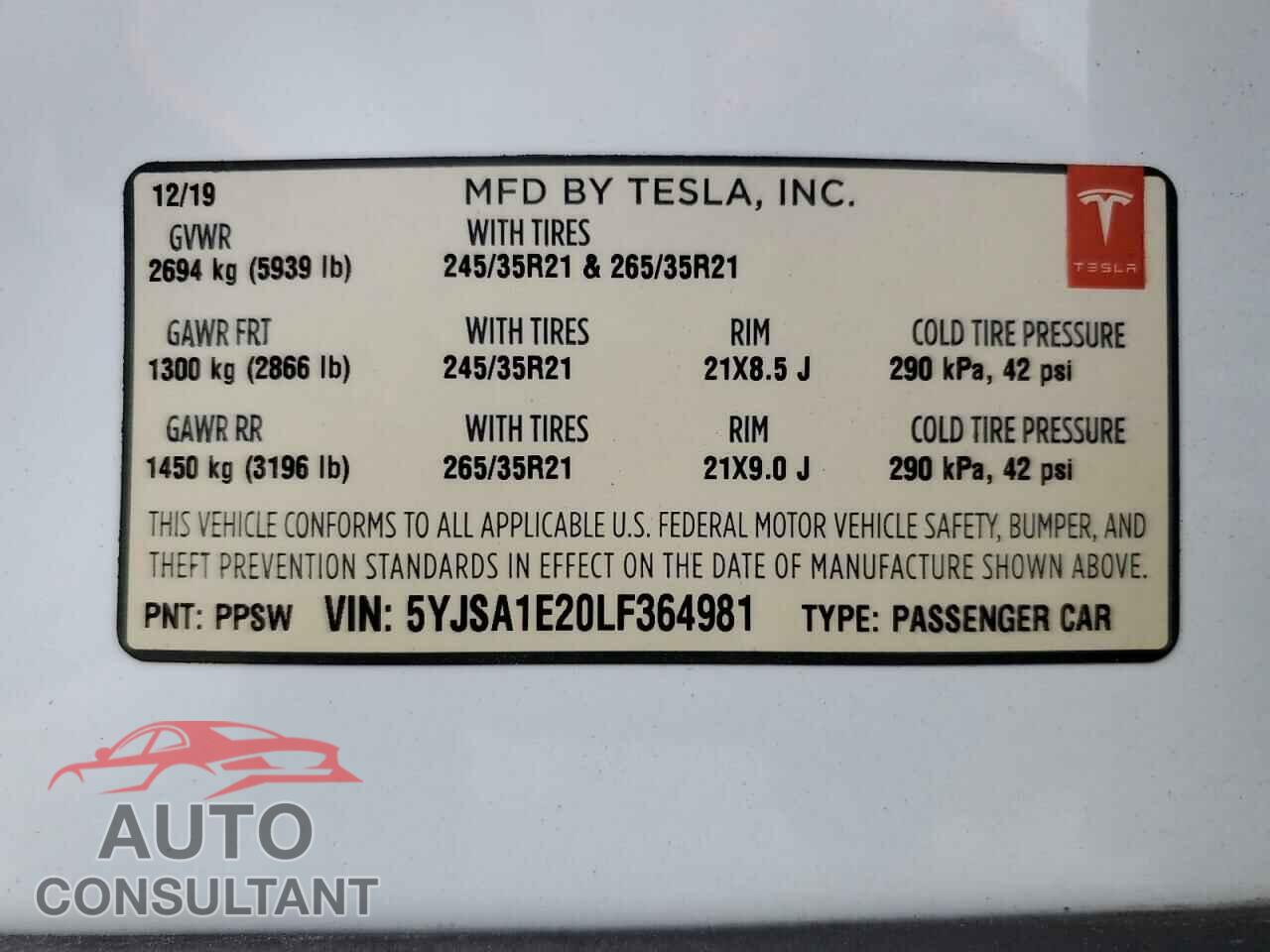 TESLA MODEL S 2020 - 5YJSA1E20LF364981