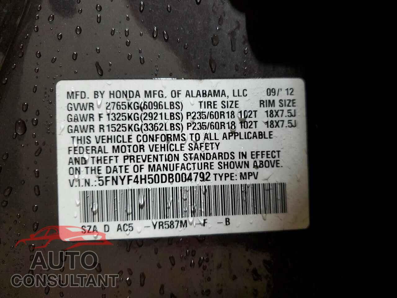 HONDA PILOT 2013 - 5FNYF4H50DB004792
