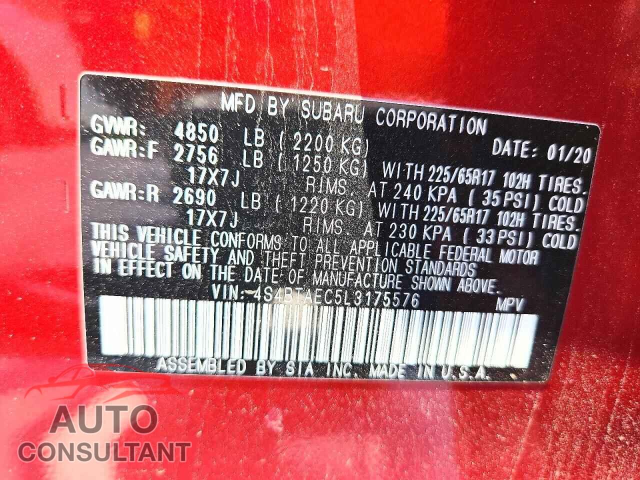 SUBARU OUTBACK 2020 - 4S4BTAEC5L3175576
