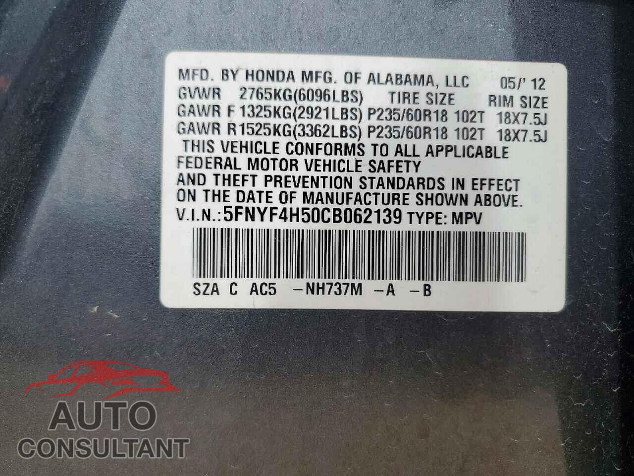 HONDA PILOT 2012 - 5FNYF4H50CB062139