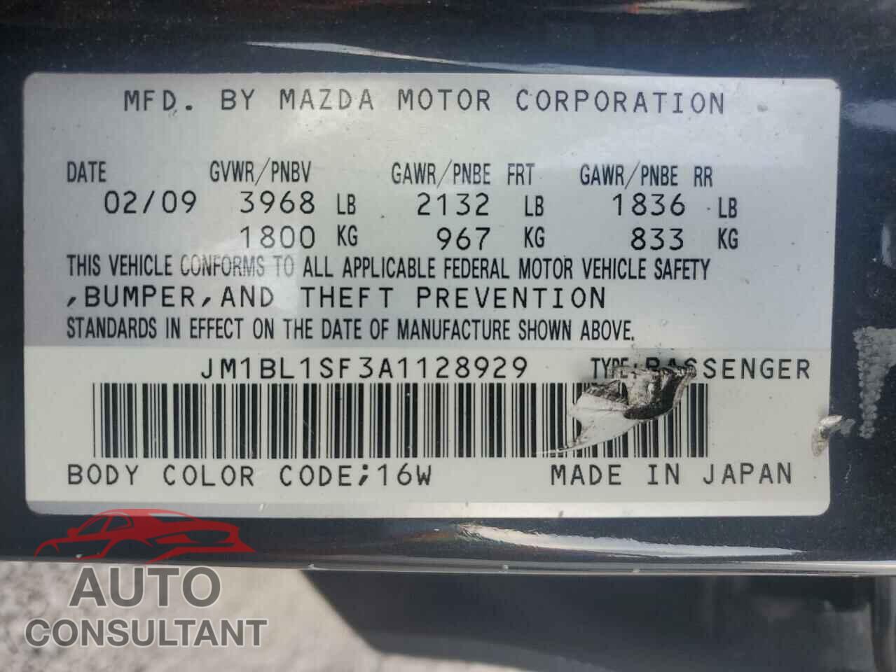MAZDA 3 2010 - JM1BL1SF3A1128929