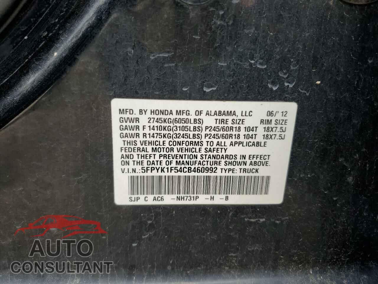 HONDA RIDGELINE 2012 - 5FPYK1F54CB460992