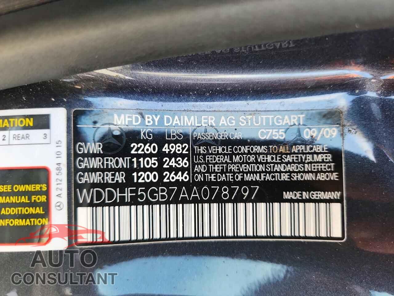 MERCEDES-BENZ E-CLASS 2010 - WDDHF5GB7AA078797