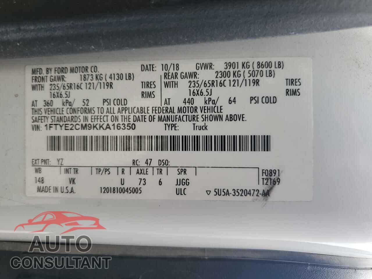 FORD TRANSIT 2019 - 1FTYE2CM9KKA16350