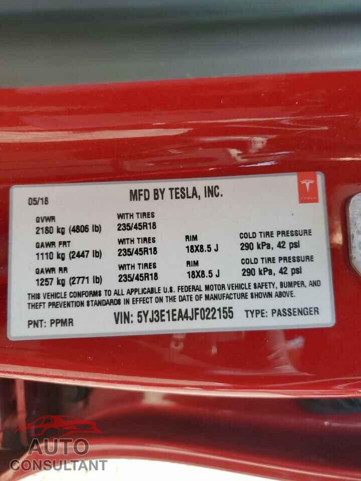 TESLA MODEL 3 2018 - 5YJ3E1EA4JF022155