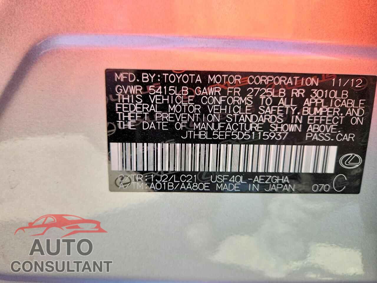 LEXUS LS460 2013 - JTHBL5EF5D5115937
