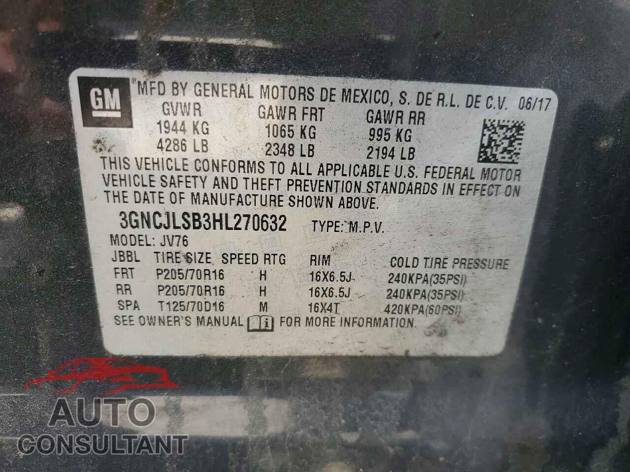 CHEVROLET TRAX 2017 - 3GNCJLSB3HL270632