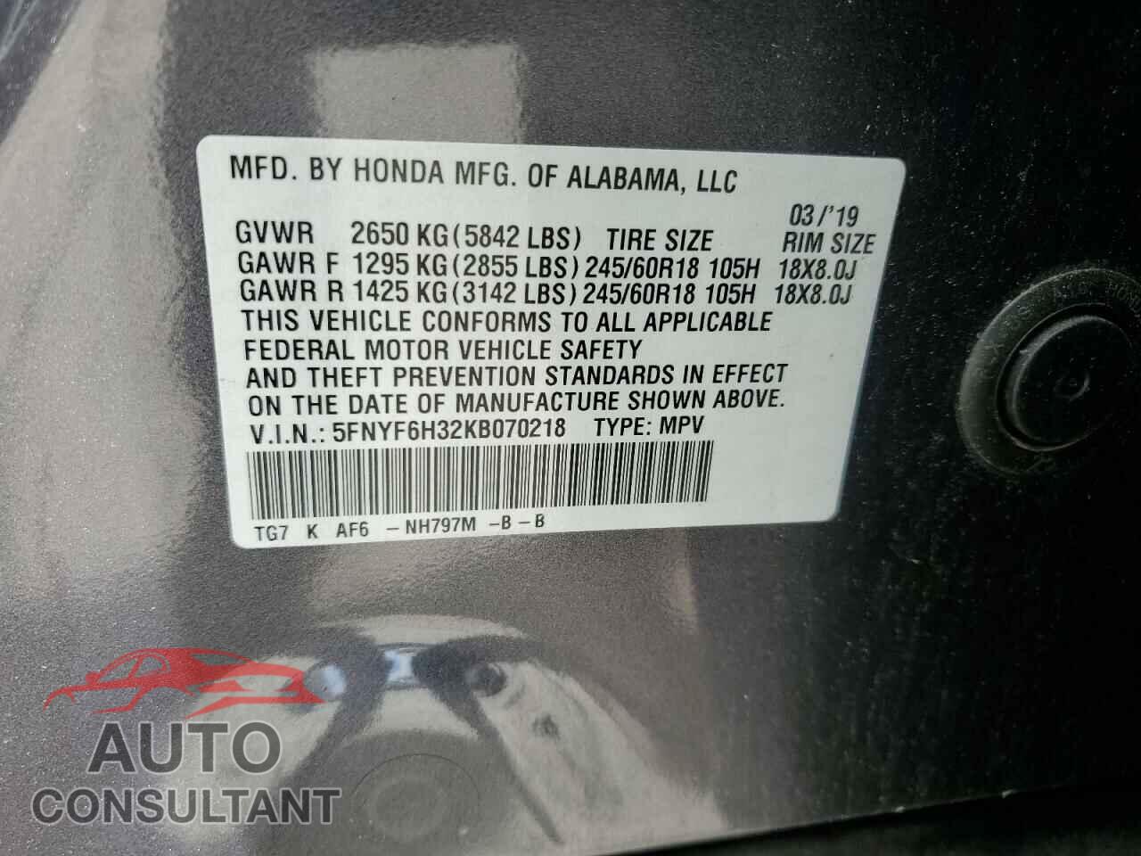 HONDA PILOT 2019 - 5FNYF6H32KB070218