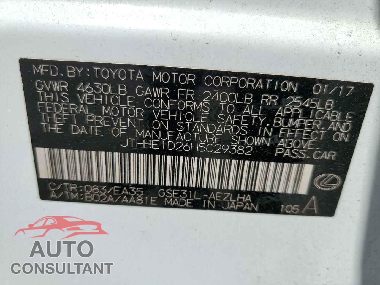 LEXUS IS 2017 - JTHBE1D26H5029382