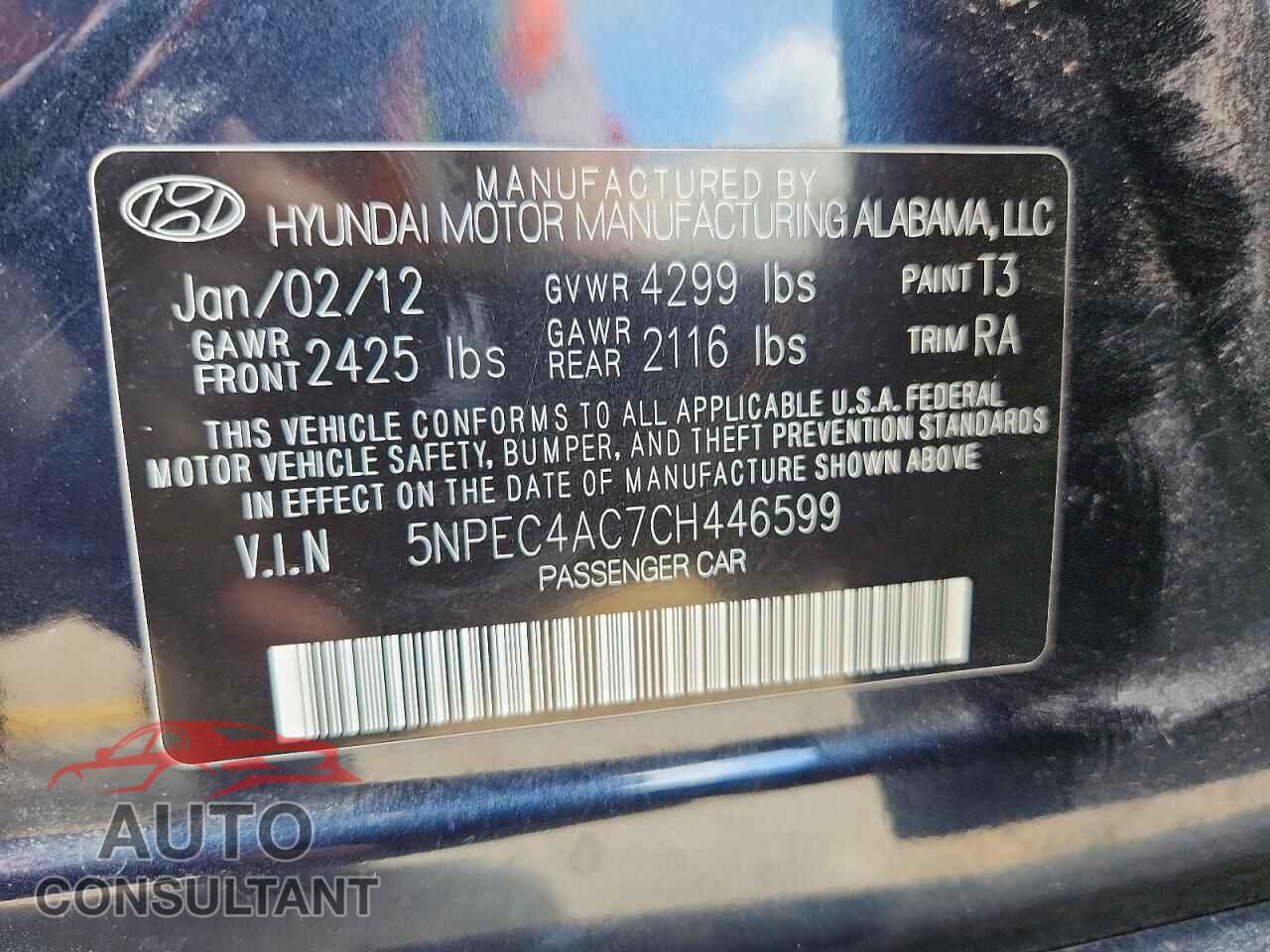 HYUNDAI SONATA 2012 - 5NPEC4AC7CH446599