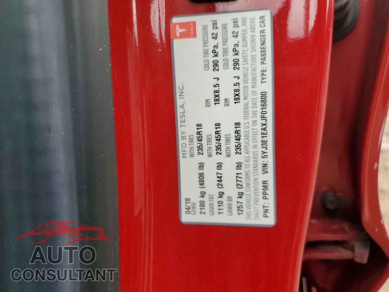 TESLA MODEL 3 2018 - 5YJ3E1EAXJF016800