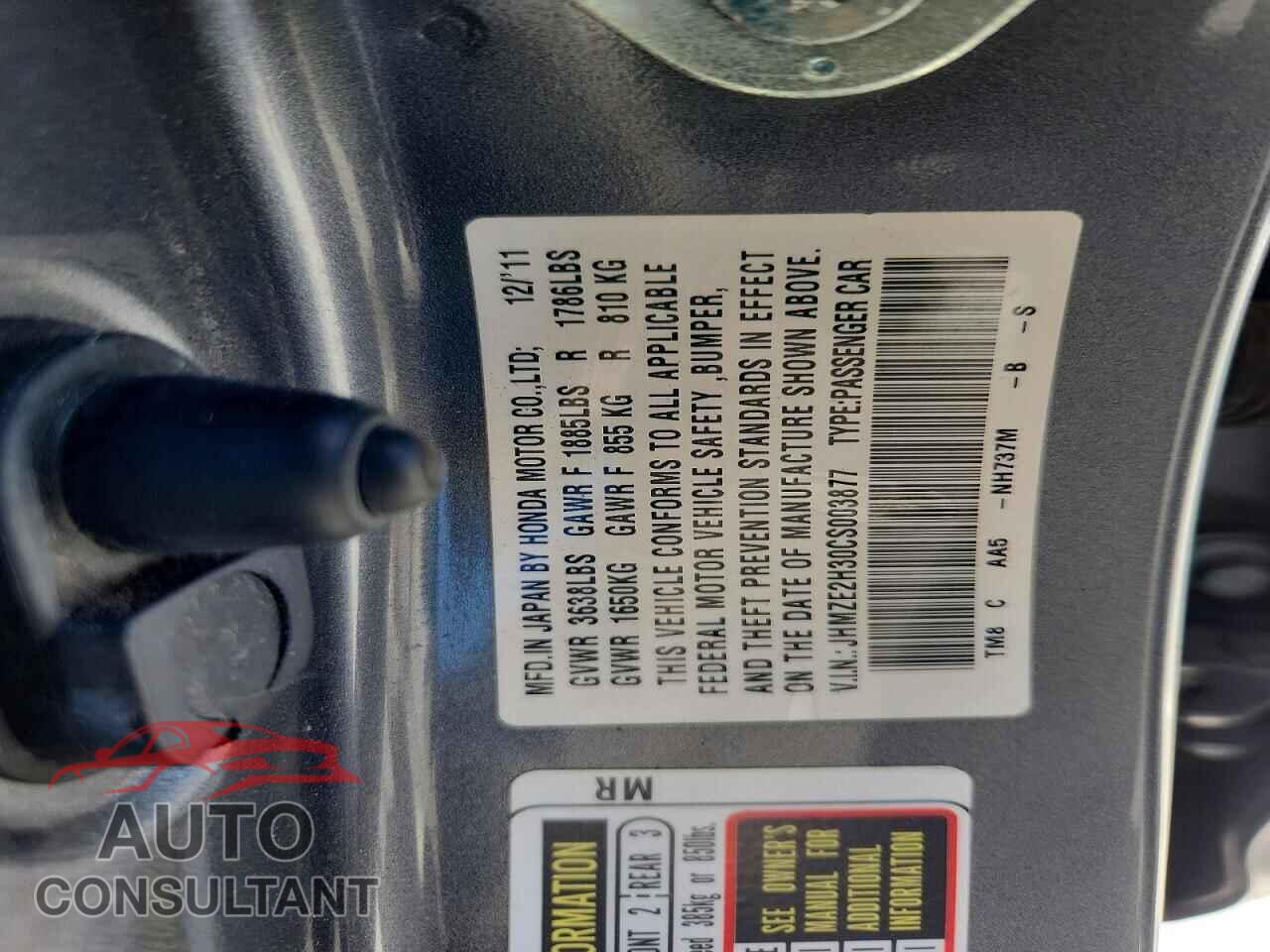 HONDA INSIGHT 2012 - JHMZE2H30CS003877