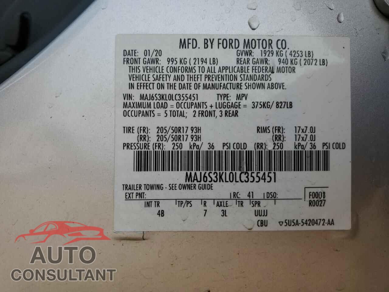 FORD ECOSPORT 2020 - MAJ6S3KL0LC355451