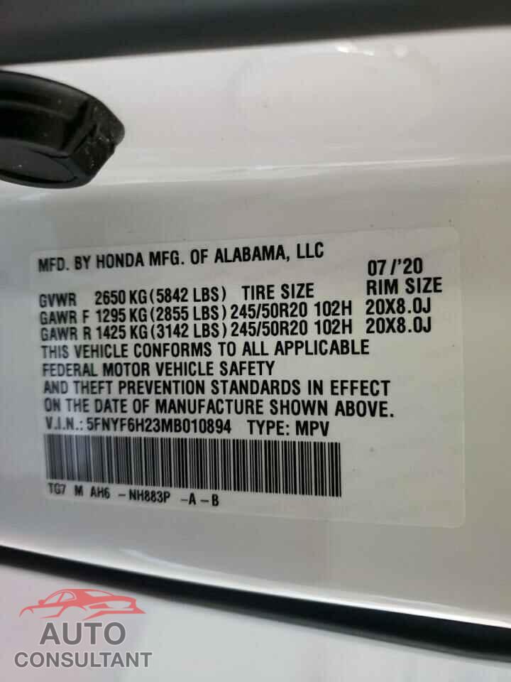 HONDA PILOT 2021 - 5FNYF6H23MB010894