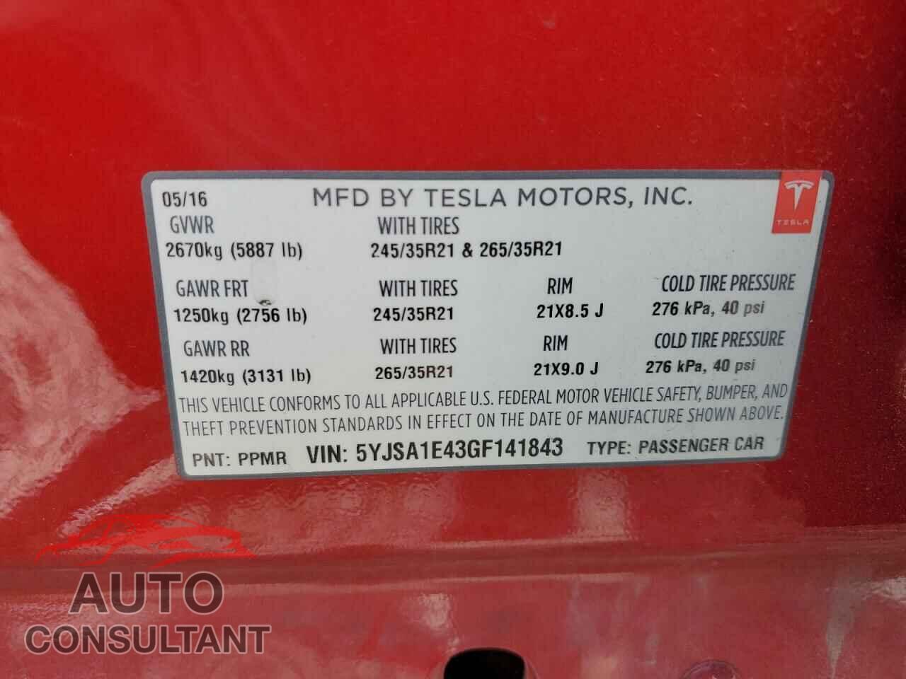 TESLA MODEL S 2016 - 5YJSA1E43GF141843
