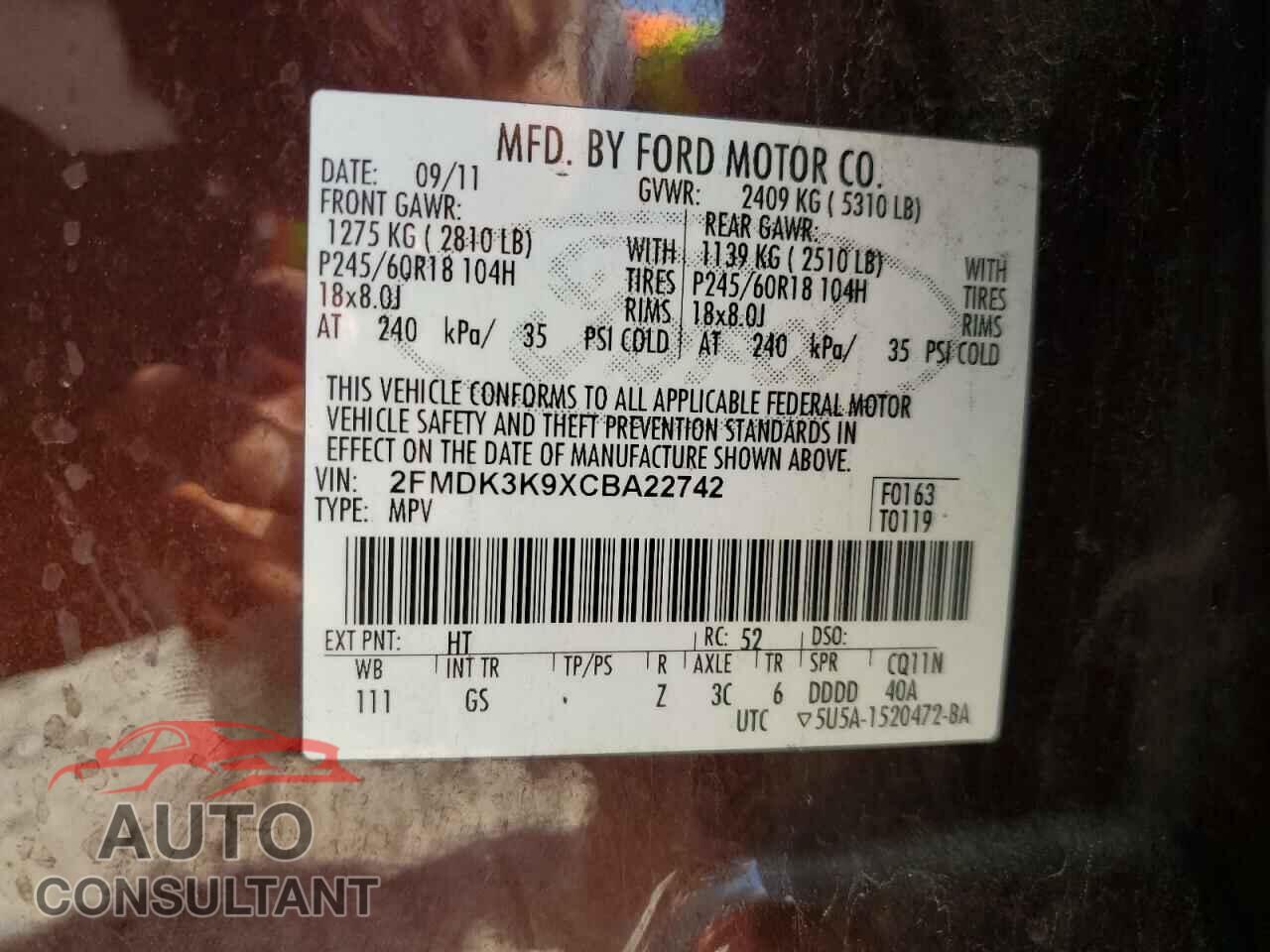 FORD EDGE 2012 - 2FMDK3K9XCBA22742