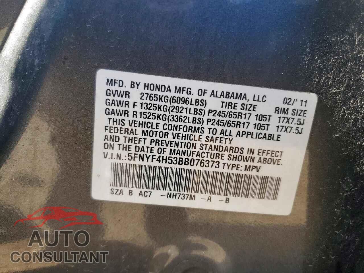 HONDA PILOT 2011 - 5FNYF4H53BB076373