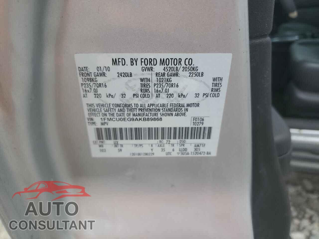 FORD ESCAPE 2010 - 1FMCU0EG9AKB89868