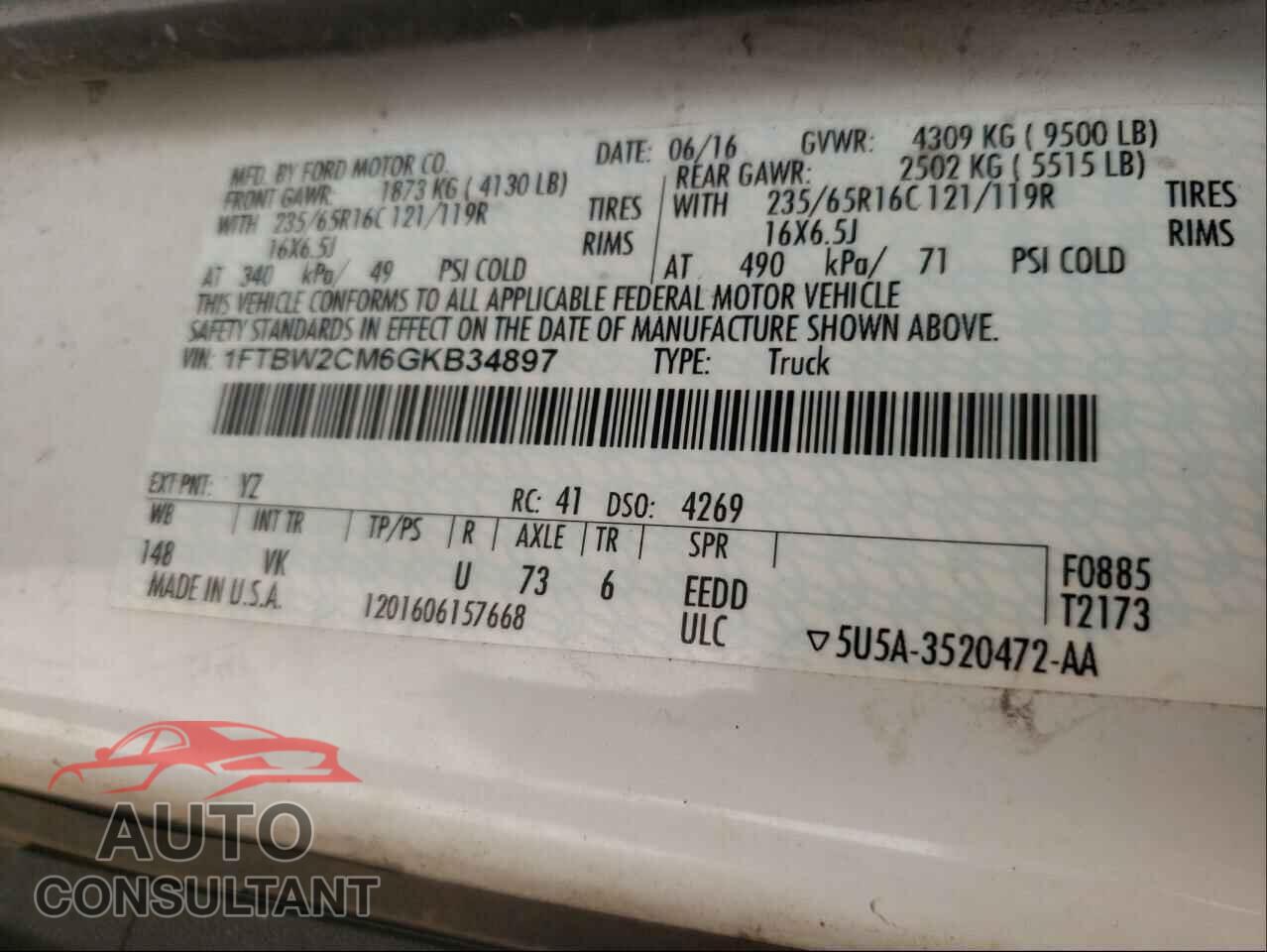 FORD TRANSIT CO 2016 - 1FTBW2CM6GKB34897