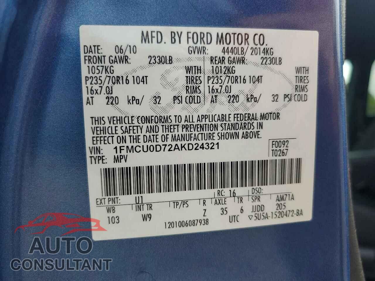 FORD ESCAPE 2010 - 1FMCU0D72AKD24321