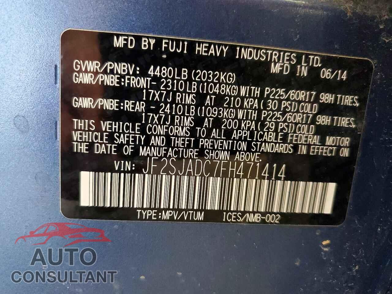 SUBARU FORESTER 2015 - JF2SJADC7FH471414