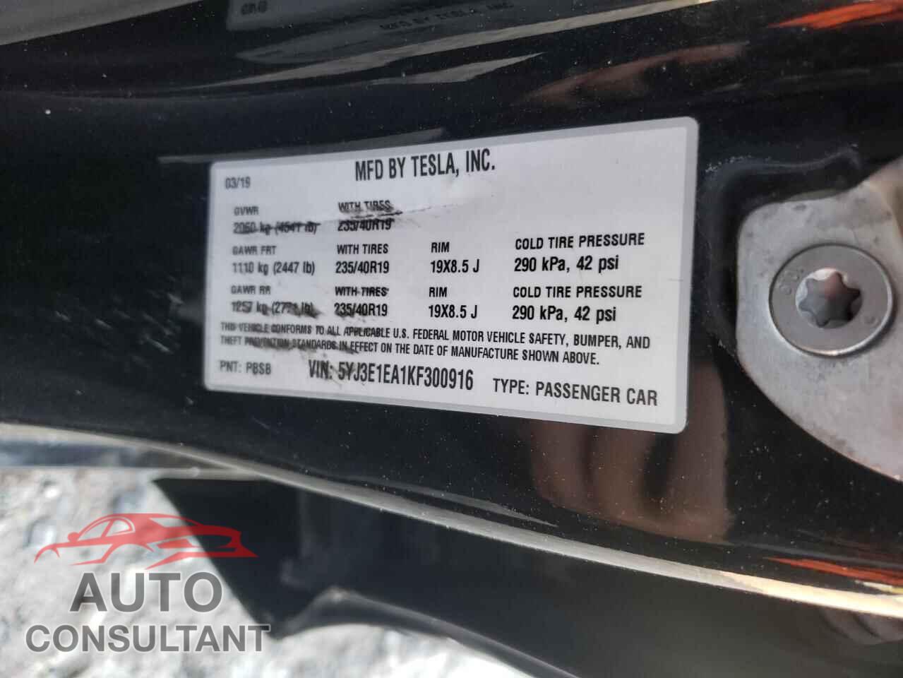TESLA MODEL 3 2019 - 5YJ3E1EA1KF300916