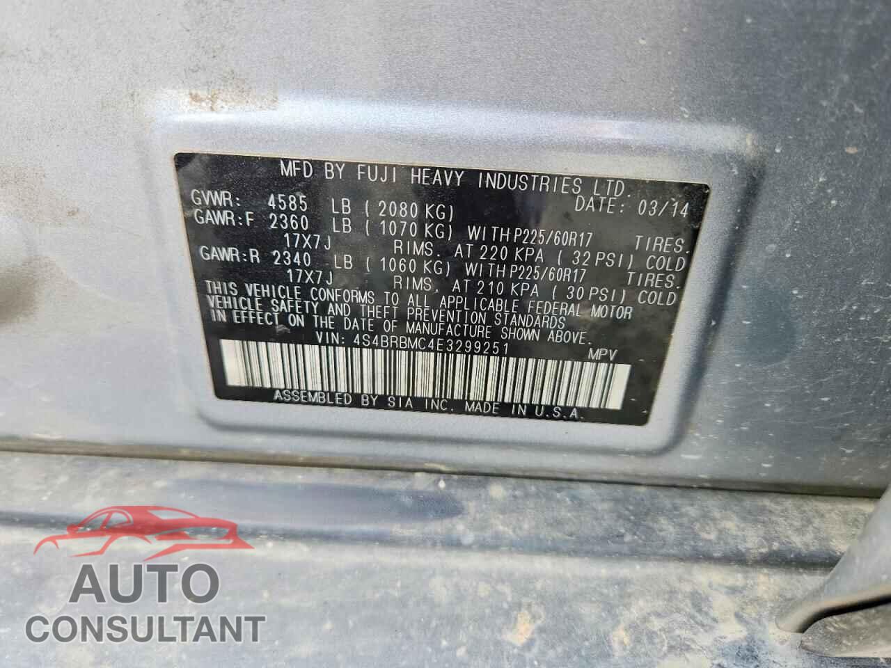 SUBARU OUTBACK 2014 - 4S4BRBMC4E3299251